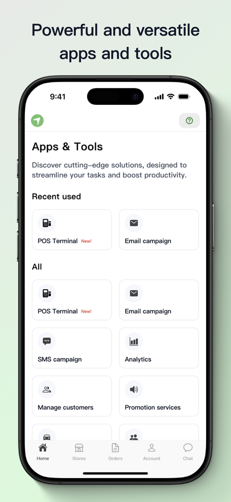 Airmart Seller - Airmart Seller app dashboard showing a list of tools including POS terminal, email campaigns, SMS campaigns, and business analytics.