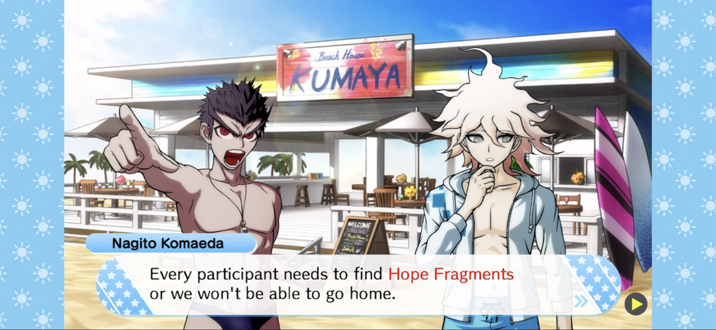 Danganronpa S: Ultimate Summer - Nagito Komaeda and Kiyotaka Ishimaru in a dialogue scene at a tropical beach resort in Danganronpa S Ultimate Summer Camp.