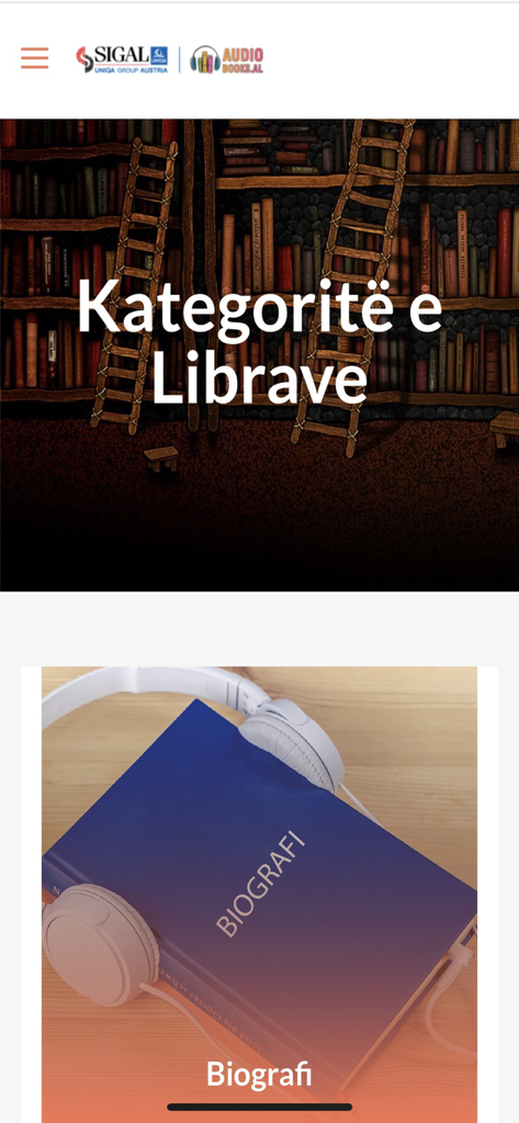 Sigal Hörbücher App-Oberfläche mit albanischen Buchkategorien und Biografie-Bereich