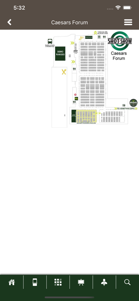 SHOT Show Mobile - Floor plan of Caesars Forum within the SHOT Show mobile app showing exhibitor booth locations