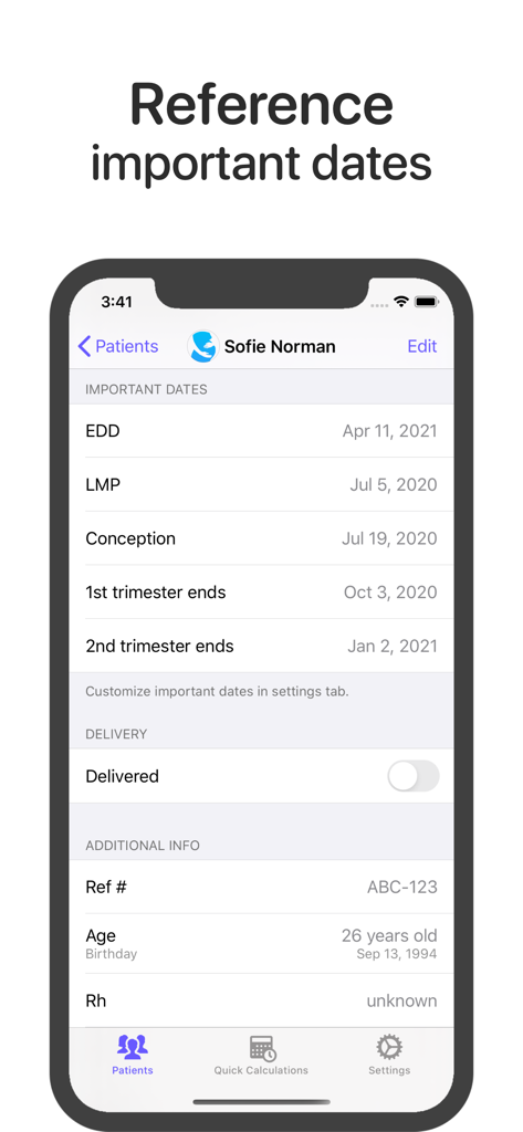 OB Tracker & Pregnancy Wheel - Patient detail screen showing important pregnancy dates in the OB Tracker app