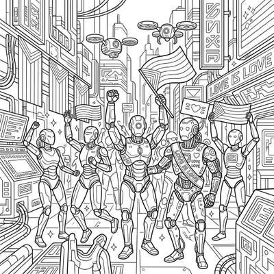 Join a joyous parade of humanoid robots celebrating Pride in a dazzling cyberpunk metropolis. This intricate coloring page invites you to bring a futuristic vision of love and diversity to life.