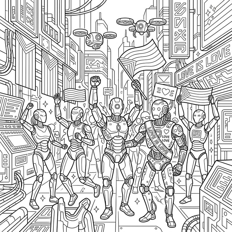 Join a joyous parade of humanoid robots celebrating Pride in a dazzling cyberpunk metropolis. This intricate coloring page invites you to bring a futuristic vision of love and diversity to life.