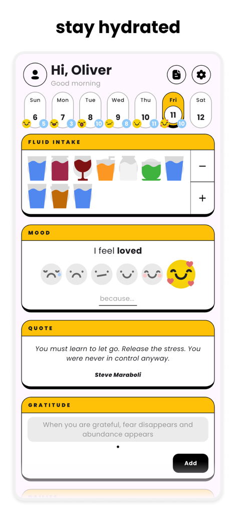Gratsy - Self-Care, Your Way - The Gratsy app dashboard showing hydration tracking mood logging and daily gratitude.