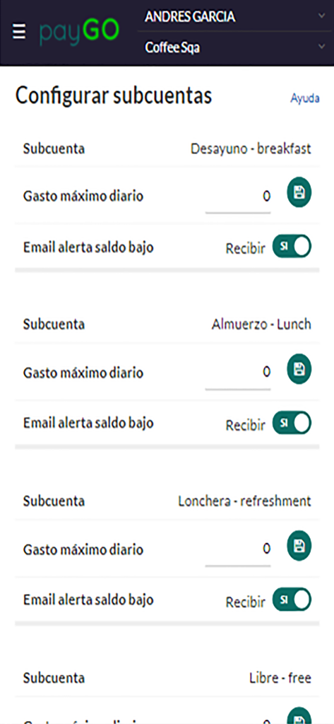 PAYGO - PAYGO app screen for setting daily spending limits and low balance alerts for school meals