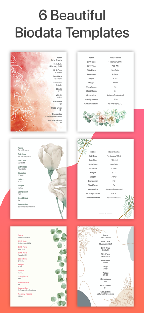 Six elegant marriage biodata templates with various floral and cultural designs