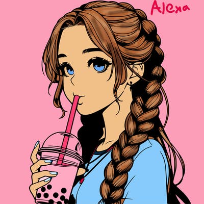 realistic girl with braided hair drinking boba