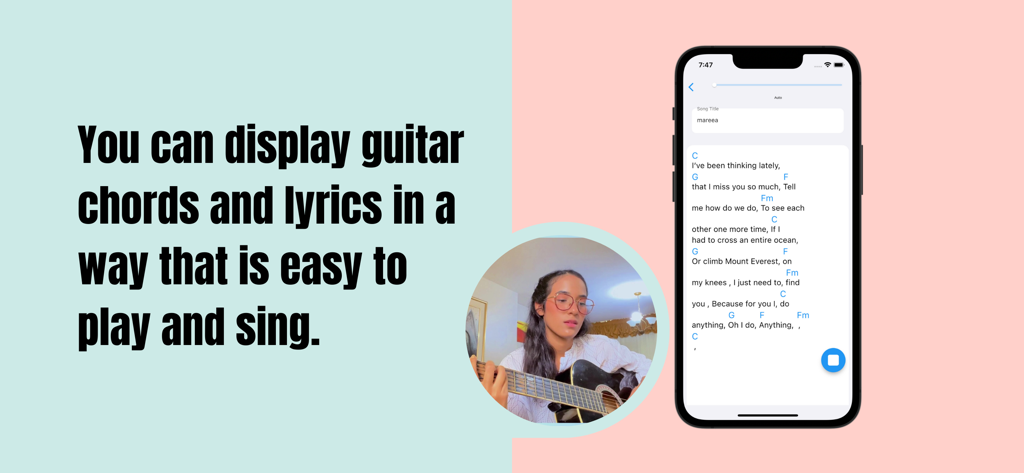 Guitar Chord & Lyrics Note App - Une interface d'application mobile affichant des accords de guitare alignés au-dessus des paroles de la chanson pour faciliter le chant et le jeu