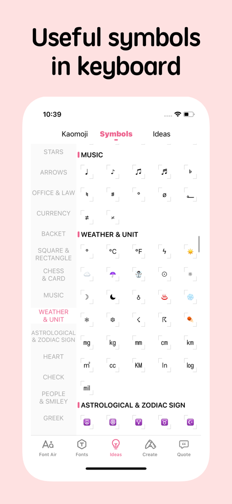 Fonts for iPhones - Library of decorative keyboard symbols in the Fonts for iPhones app including music and weather icons.