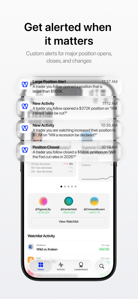 Polypal - Polymarket tracker - Bildschirm eines Mobiltelefons, der Handelsbenachrichtigungswarnungen und ein Watchlist-Dashboard für die Polypal-Vorhersagemarkt-Tracker-App anzeigt