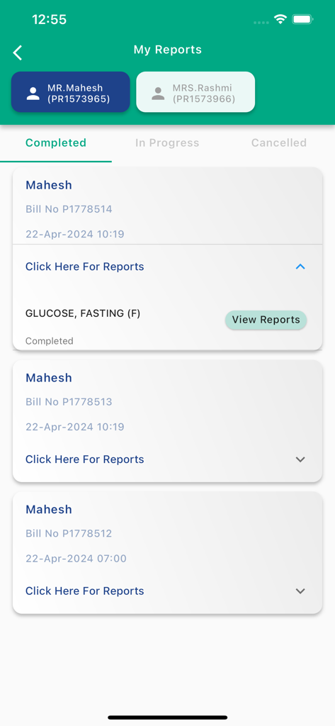Aster Labs app interface showing completed medical diagnostic reports for family members
