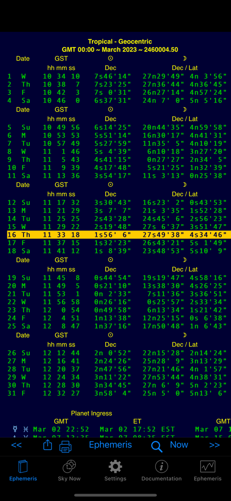 Detailed astrology ephemeris table showing planetary positions and sidereal time