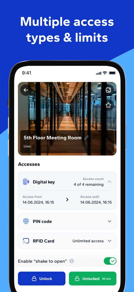 Interfaccia dell'app Smart MasterKey che mostra le impostazioni di accesso digitale tramite chiave, codice PIN e RFID per una sala riunioni.
