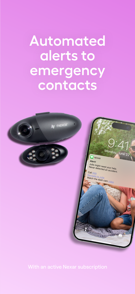 Nexar dash cam and a smartphone displaying an automated emergency alert notification for a car accident