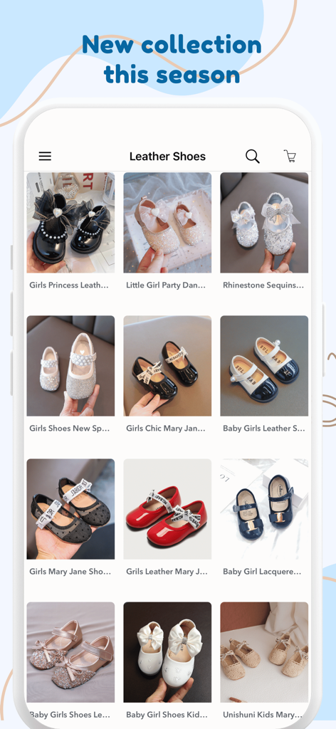 Cheap Kids Clothing Fashion - Schermata dell'app mobile che mostra un'ampia selezione di scarpe eleganti in pelle e mary jane per bambine.