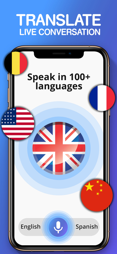 Interfaccia dell'app di traduttore vocale che mostra la funzione di conversazione dal vivo con varie bandiere mondiali e un'icona del microfono per la traduzione dall'inglese allo spagnolo