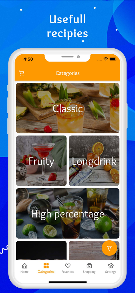 Alkipedia - Cocktail Recipes - Alkipedia app interface showing different cocktail categories like classic and fruity