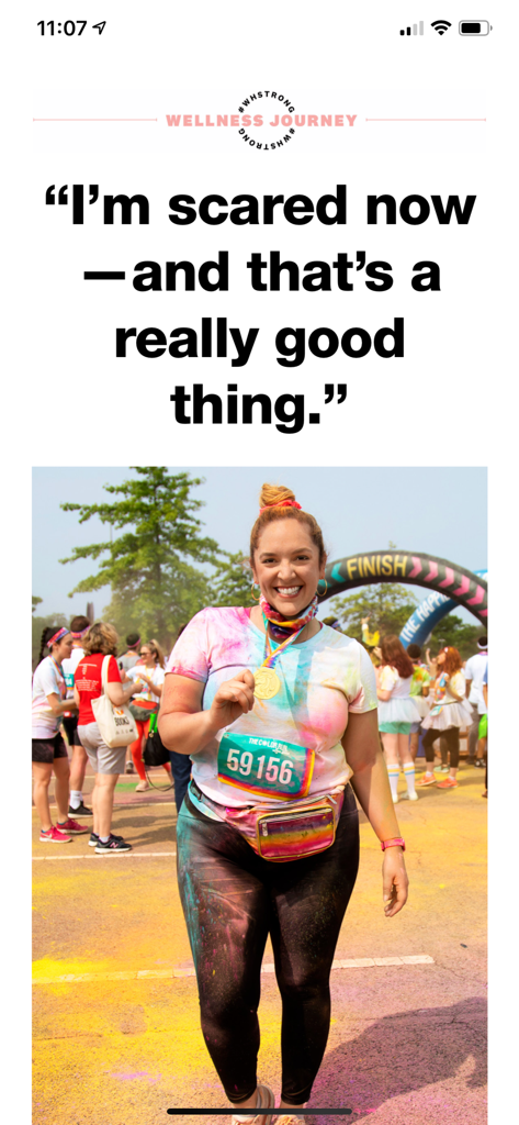 Women's Health Mag - A smiling woman at a color run race holding a medal under the text Wellness Journey.