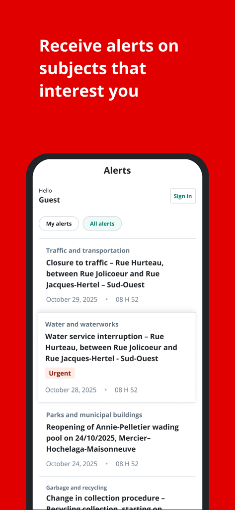 Benachrichtigungsbildschirm der 311 Montréal App mit Benachrichtigungen über städtische Dienstleistungen für Verkehr, Wasser und Abfall.
