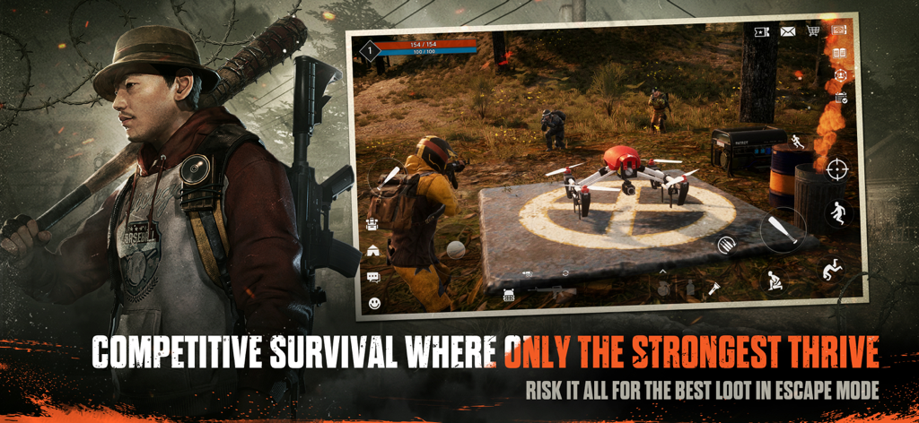 DARKEST DAYS - Personaje con equipo táctico junto a una captura de pantalla de juego de drones en Darkest Days.