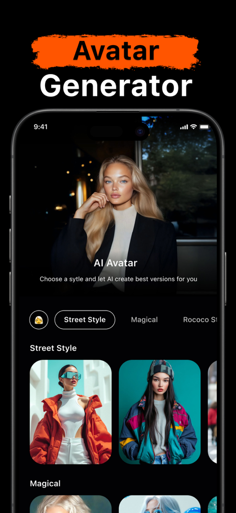 AI Face Swap - AIフェイススワップアプリ。ストリートスタイルのファッションテンプレートを備えたアバタージェネレーターインターフェースが表示されている。
