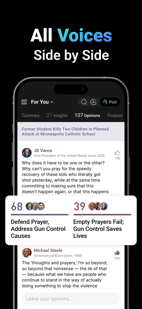 Mobile app screen showing multiple perspectives and diverse opinions side by side on a news headline