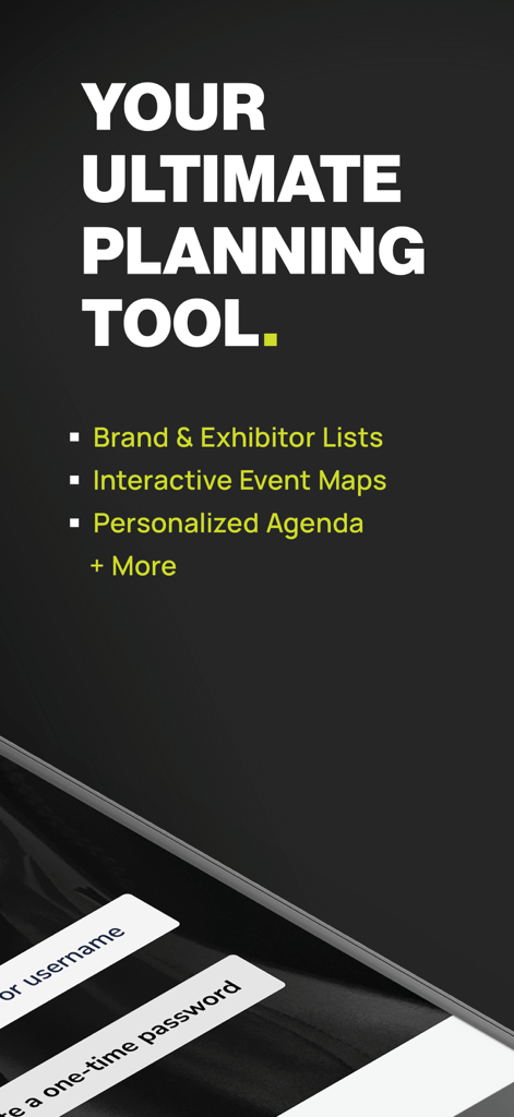 Interface de l'application Fashion 2026 montrant les fonctionnalités de planification de salon telles que les listes d'exposants et les cartes interactives