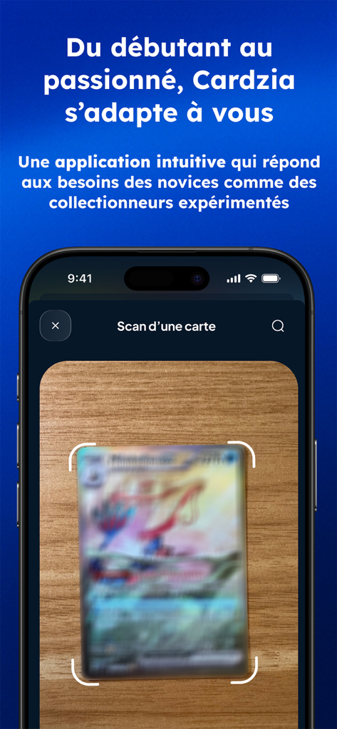 Interface do aplicativo Cardzia digitalizando um card de Pokémon com a câmera de um smartphone