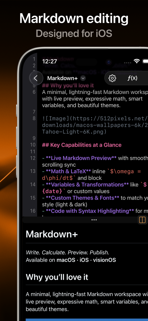 Markdown+ Text & Code Editor - Markdown plus app interface on iPhone showing code editor and live preview