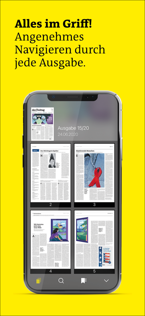 der Freitag EPaper - Smartphone-Bildschirm zeigt die Seiten-Navigation und Übersicht in der der Freitag EPaper App.