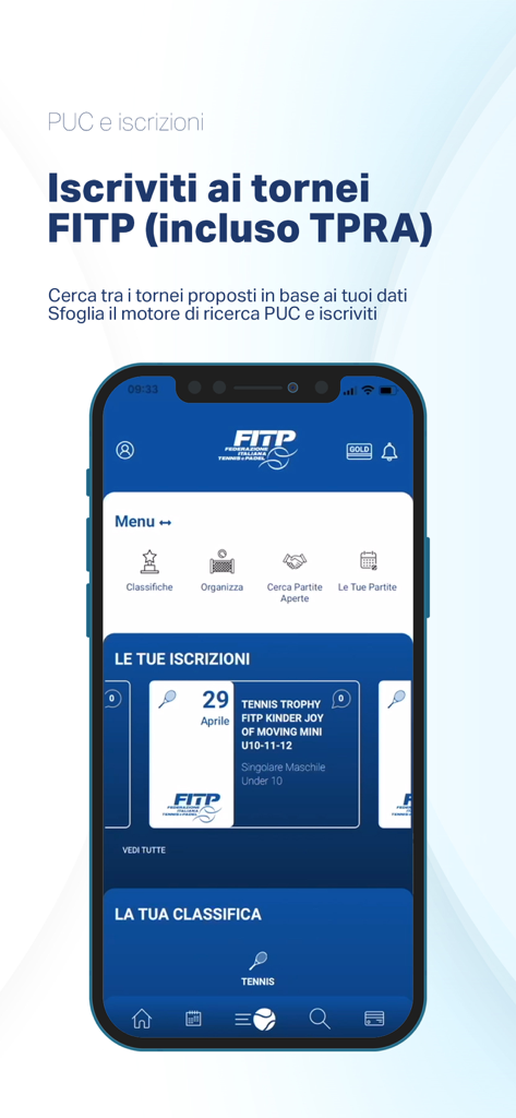 MyFITP - Dashboard dell'app mobile MyFITP che mostra le opzioni di registrazione ai tornei di tennis e le classifiche dei giocatori