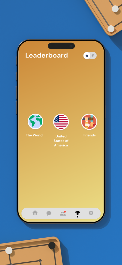 Mills | Nine Men's Morris - Leaderboard screen of the Mills Nine Mens Morris app showing options for world US and friends rankings