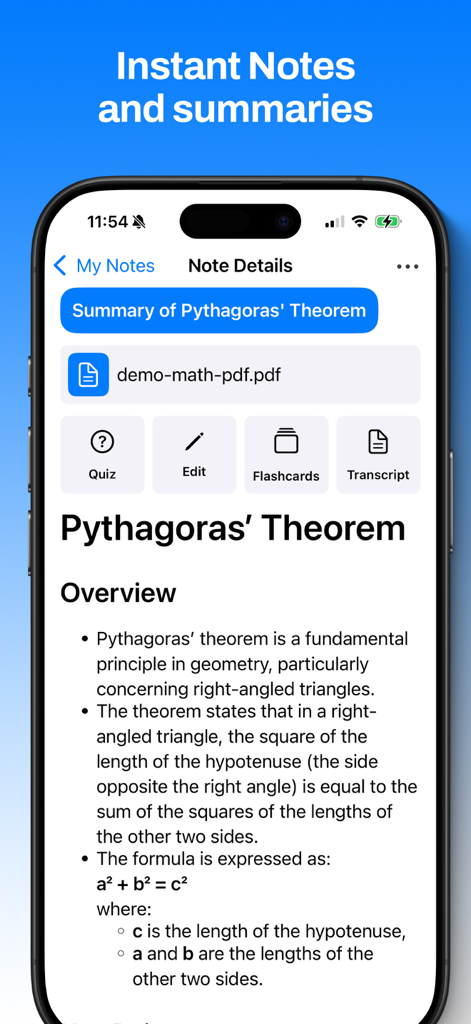 AI Note Taker: Voice Summary - Interfaz de la aplicación AI Note Taker mostrando un resumen del teorema de Pitágoras con opciones para cuestionario y tarjetas de memoria.