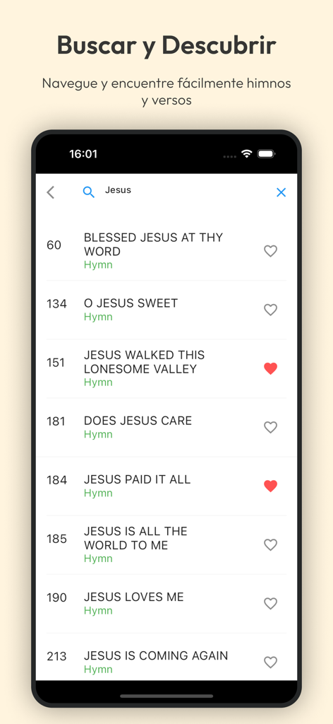 Search results screen in the Himnario Adventista app showing a list of hymns about Jesus