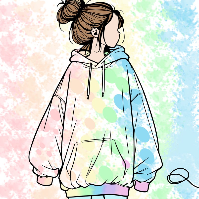 realistic girl with a oversized sweatshirt on and a bun