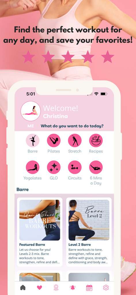 Barre Workouts by Fittbe - User dashboard of the Fittbe Barre Workouts app featuring various exercise categories and featured sessions