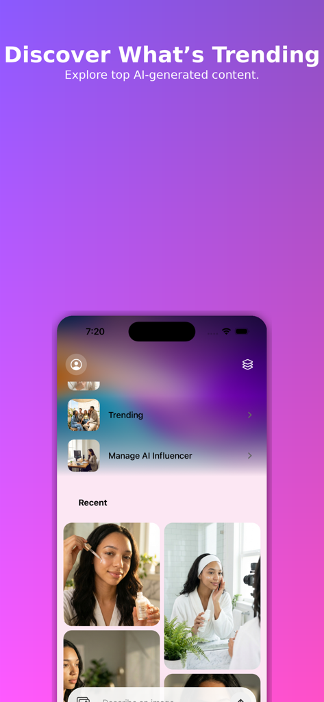 Moji AI - AI Influencer Pro - Moji AI app interface showing trending AI generated content and influencer management tools