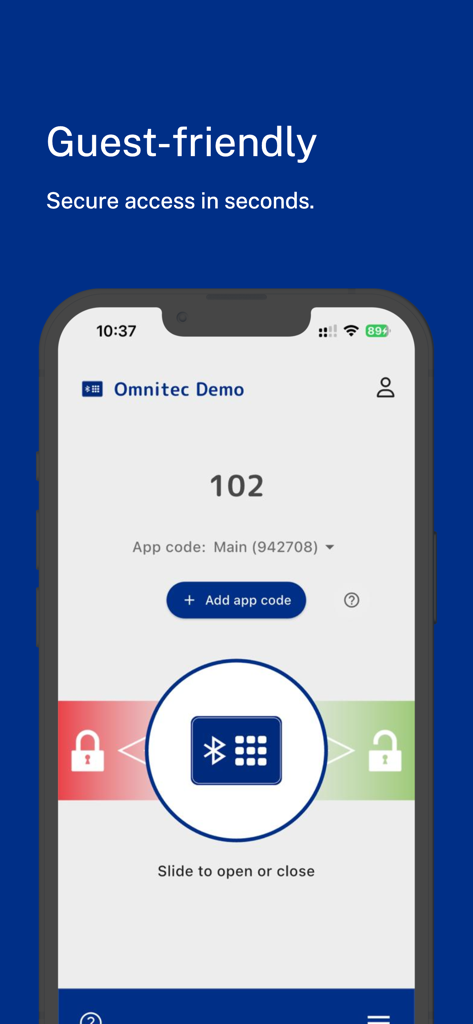 ExoSafe - Interfaz de la aplicación móvil ExoSafe fácil de usar para invitados que muestra un control deslizante para abrir o cerrar una caja fuerte de hotel mediante Bluetooth