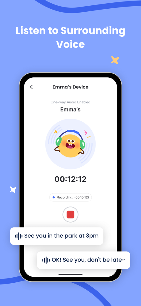 Smartphone screen showing the AirDroid Parental Control feature to listen to the child's surrounding voice with a recording timer and voice message bubbles