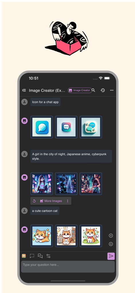 Écran de l'application mobile Chatbox montrant la génération d'images par IA à partir de requêtes textuelles, y compris des icônes d'application et de l'art d'anime.