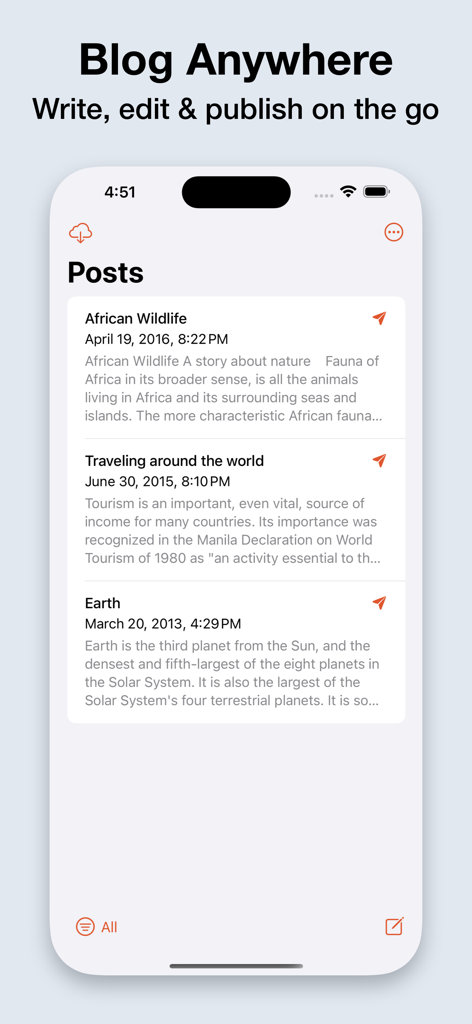 iPhone screen displaying a list of blog posts in the BlogTouch for Blogger app
