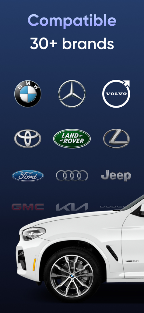 Car Play Connect. Digital key. - A list of over 30 compatible car brands including BMW Mercedes and Ford displayed with their logos