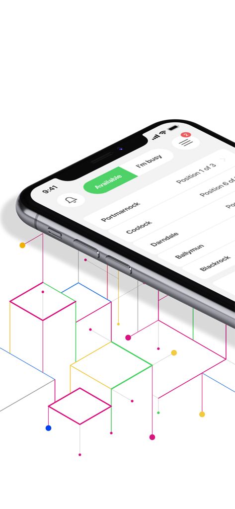 iCabbi Driver App - Smartphone screen showing the iCabbi Driver App with available status and local zone queue