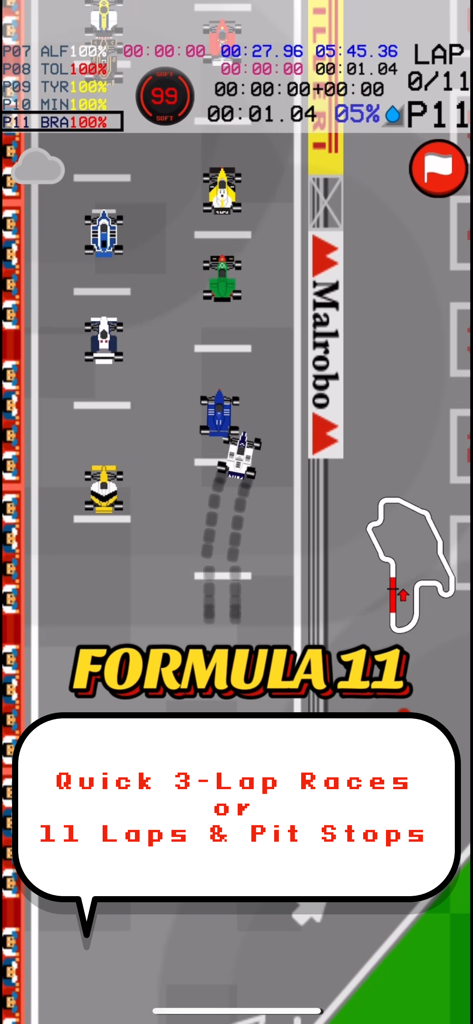Vista cenital de coches de fórmula compitiendo en una pista con gráficos pixelados retro