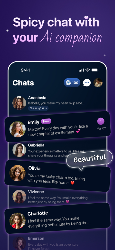 AI Girlfriend Fantasy - Rosify - Interface da lista de bate-papo do aplicativo Rosify com companheiras virtuais românticas