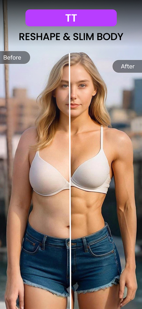 Body Editor AI: Hot, Slim Look - Una comparación lado a lado de antes y después de una mujer usando la aplicación Body Editor AI para remodelar y adelgazar su cintura y añadir definición muscular.