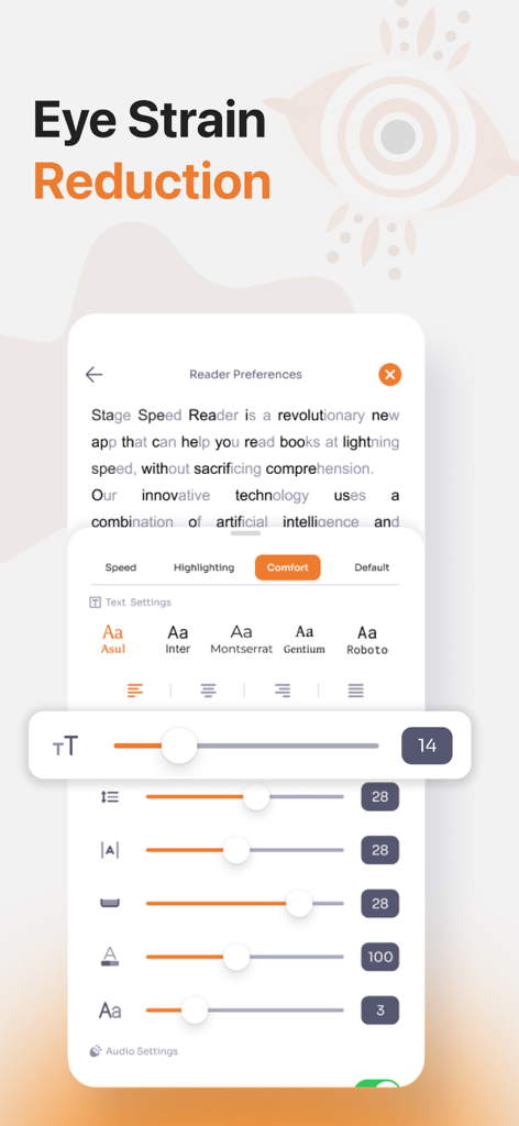 Interfaz de la aplicación móvil Stage Reader mostrando personalización de texto y configuraciones de reducción de fatiga visual con varias opciones de fuente y espaciado.