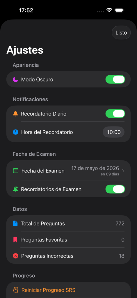 DGT A2 Test Master - Settings screen of DGT A2 Test Master app showing dark mode toggle, notification preferences, exam date setting, and user statistics.