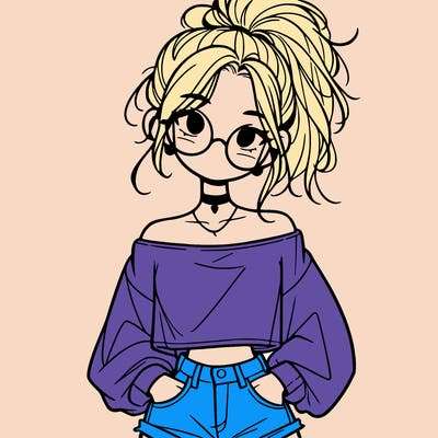 girl with a messy ponytail glasses a baggy crop top and jean shorts