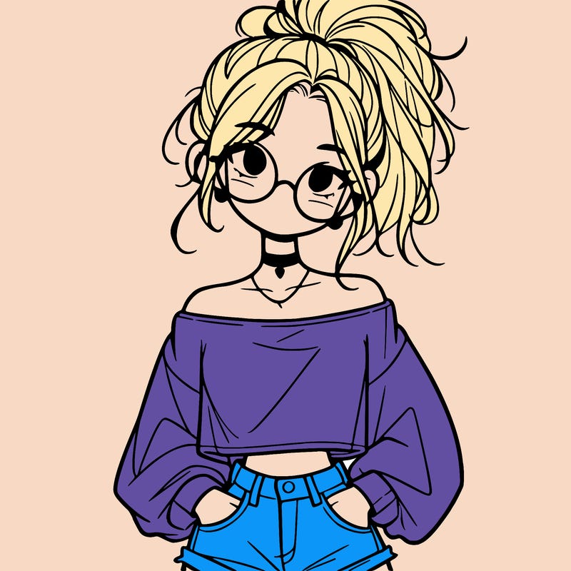 girl with a messy ponytail glasses a baggy crop top and jean shorts